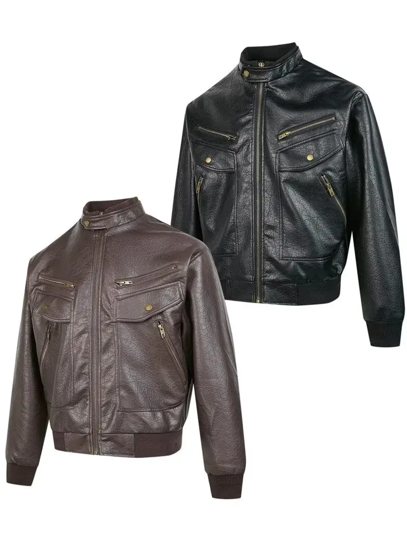 New Motorcycle Causal Vintage Leather Coat Men Autumn Outfit Fashion Biker Pocket Design Top Layer Cow Leather Jacket
