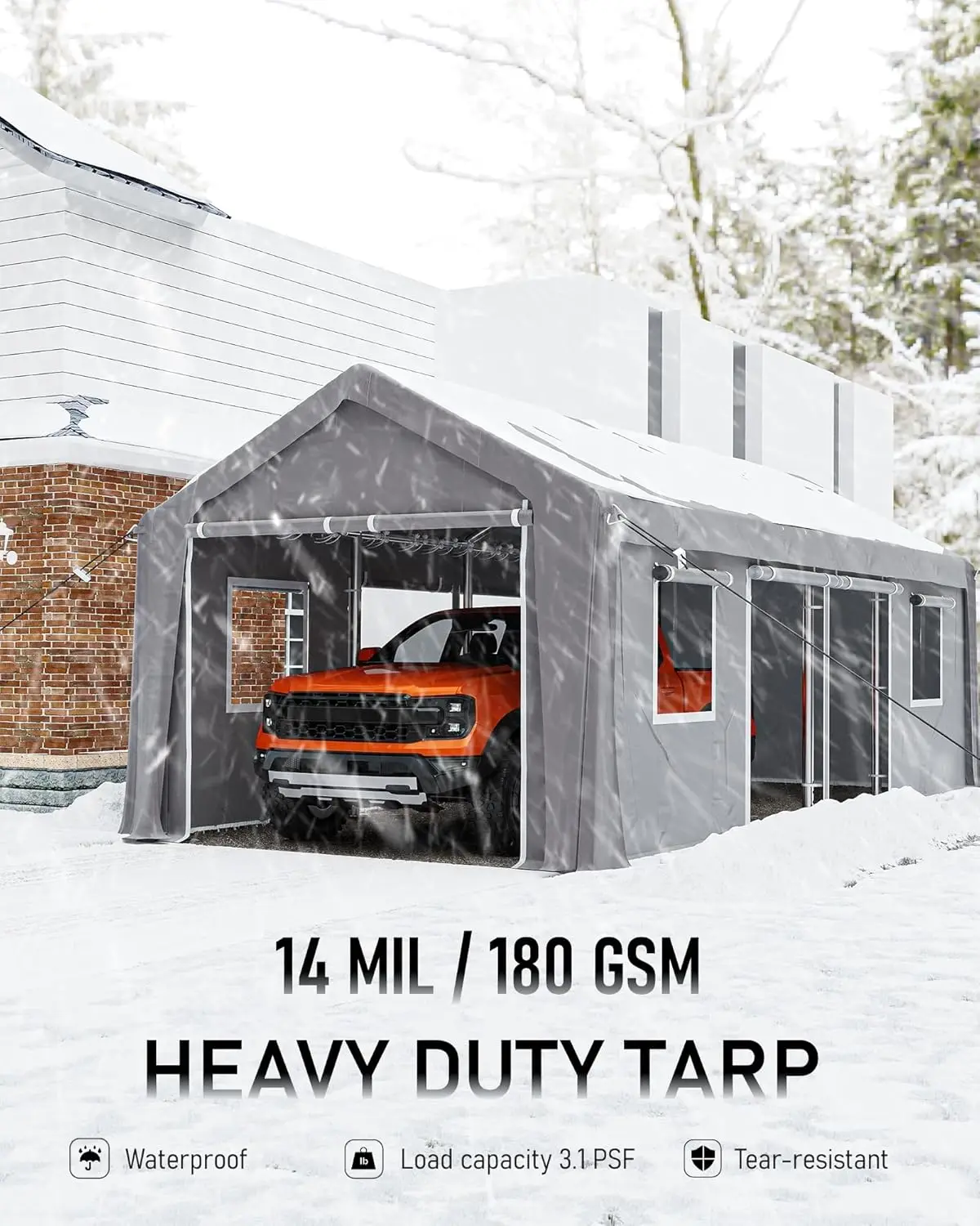 Carport 13 X 25 Ft, Portable Garage With 4 Roll-Up Windows And 6 Doors For All Season, Reinforced Frames, For Sedans And