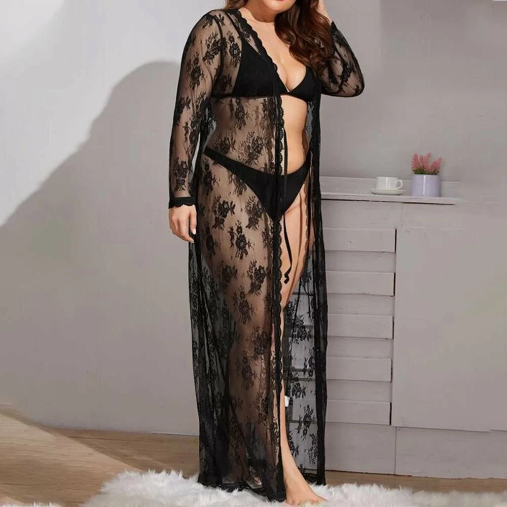 Plus Size Versatile Long Lace Cardigan for 2024 Women Coats Fashion Large Size Female Clothing Oversized Home Robe Beach Cover-u