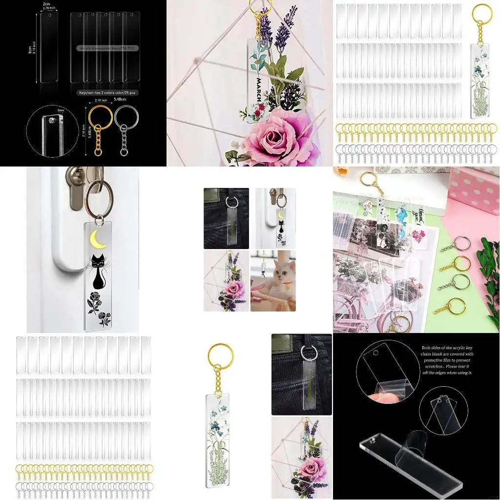 

50Pcs Acrylic Keychain Blank with Ring Clear for Key Chain Rectangle Acrylic Bla