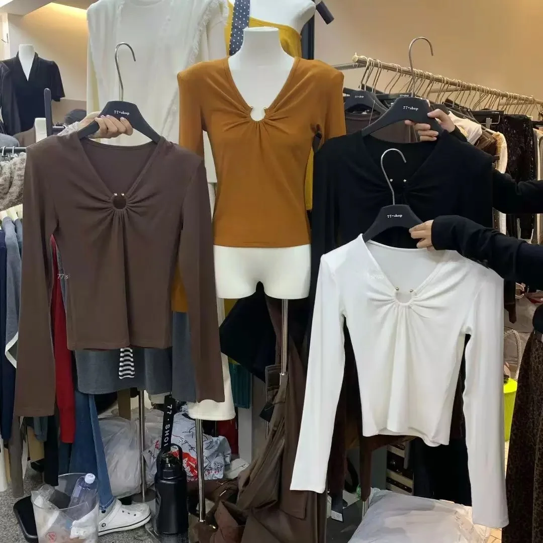 

Корейская футболка Sle Long Sve Fce V-Ne ort, женская универсальная хлопковая удобная мягкая зимняя футболка