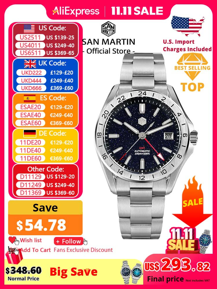 

San Martin 39 мм авантюрин с драгоценным камнем циферблат Роскошные мужские часы NH34 GMT Автоматические механические сапфировые водонепроницаемые светящиеся SN0129