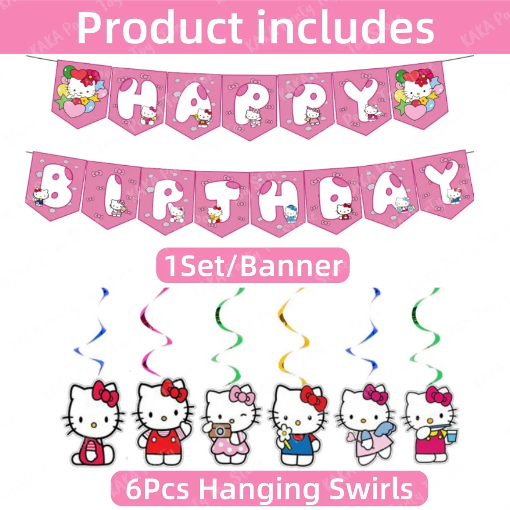 Hello Kitty Birthday Decoration Set Include Cartoon Kitty Banner and 6 Hanging Swirls for Kids Girls Baby Shower Party Supplies