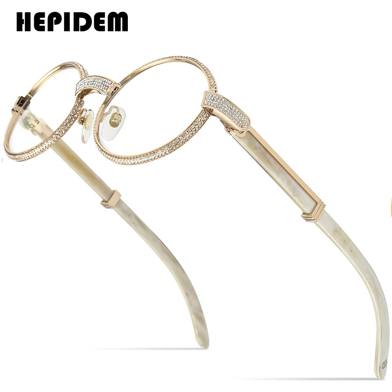 HEPIDEM Buffalo Horn Glasses High Quality Men Round Brand Designer Luxury Diamond Sumptuous Buffs Eyeglasses for Women 7550179