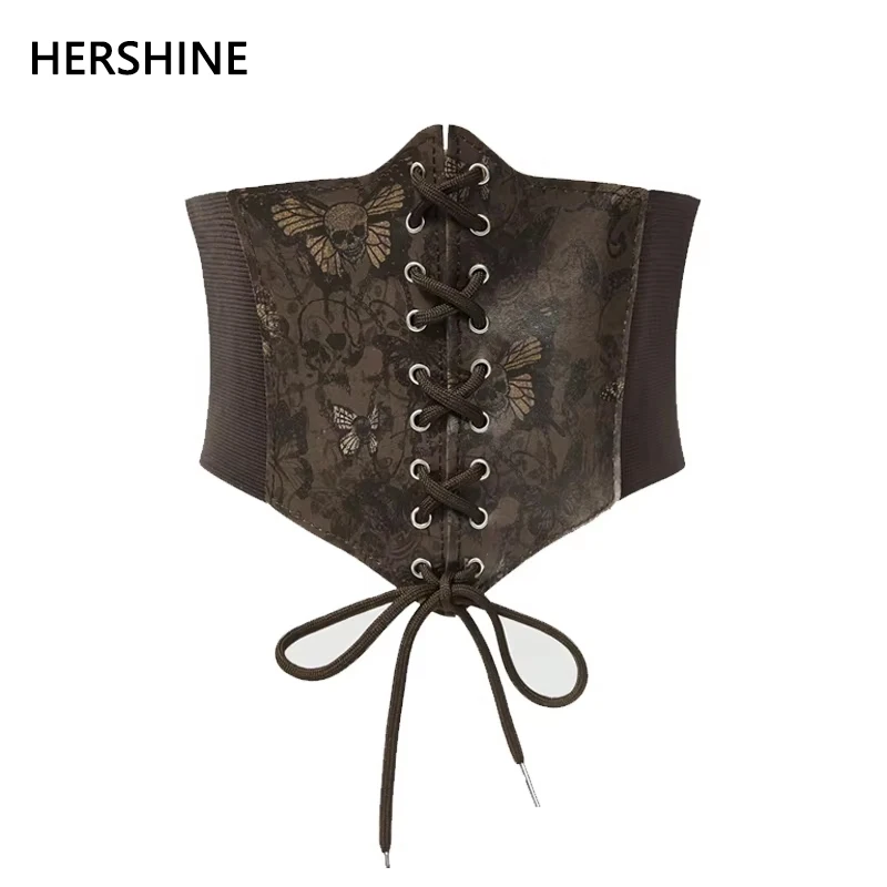 HERSHINE Women's Vintage Brown Elastic Wide Belt with Skull and Butterfly Pattern, Y2K Gothic and Harajuku Style，spring，summer