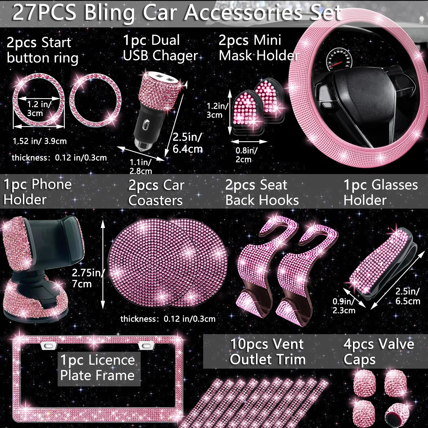 27 PCs Pink Bling Car Accessories Set  Women, Bling Steering Wheel Covers  Fit 15 Inch, Bling License Plate Frame, B