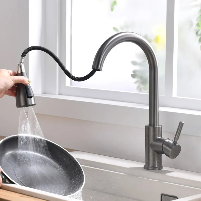 Brushed Nickel Kitchen Faucets Single Hole Pull Out Spout Kitchen Sink Mixer Tap Stream Sprayer Head Chrome/Mixer Tap ברז מטבח