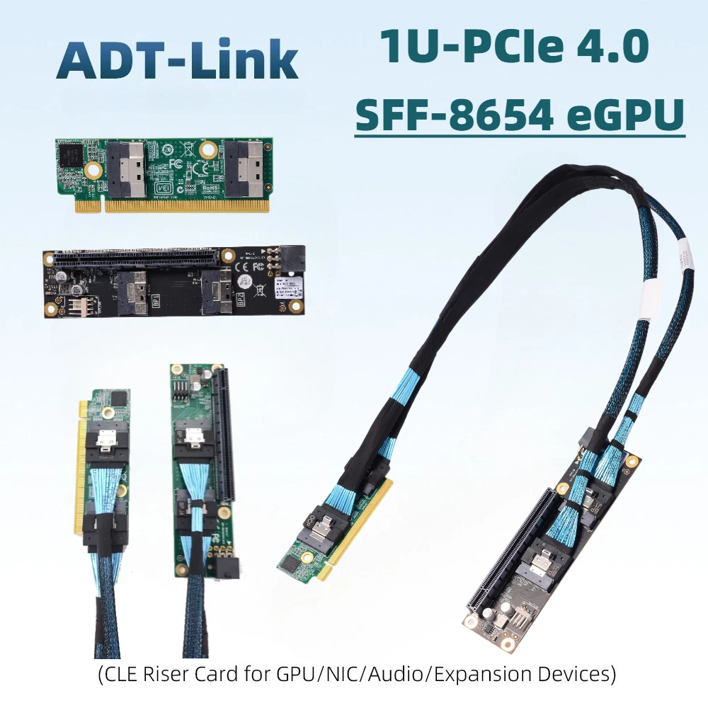 PCIe 4.0 16x To 2*SFF-8654 Wire Motherboard Split Card Baseplate for Graphics Card Gaming External 1U eGPU Expansion Accessories