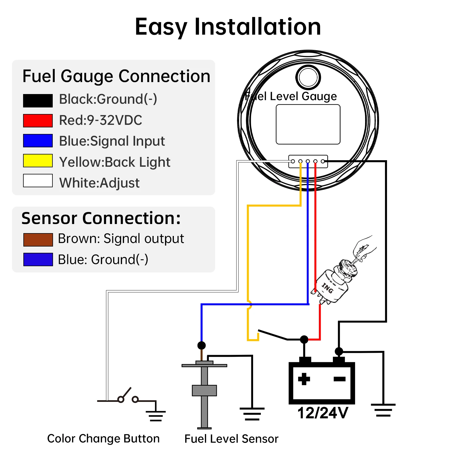 7 Color Light 52mm Fuel Level Gauge+Fuel Float Level Sensor 240-33 OHM for Auto Car Boat Waterproof IP67 Oil Tank Meter 12V 24V