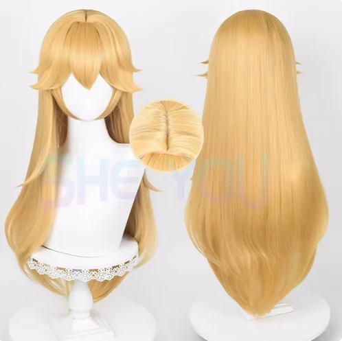 Princess Peach Cosplay Wig 75cm Long Straight Golden Yellow Wig Cosplay Anime Cosplay Wigs Heat Resistant Synthetic Wigs