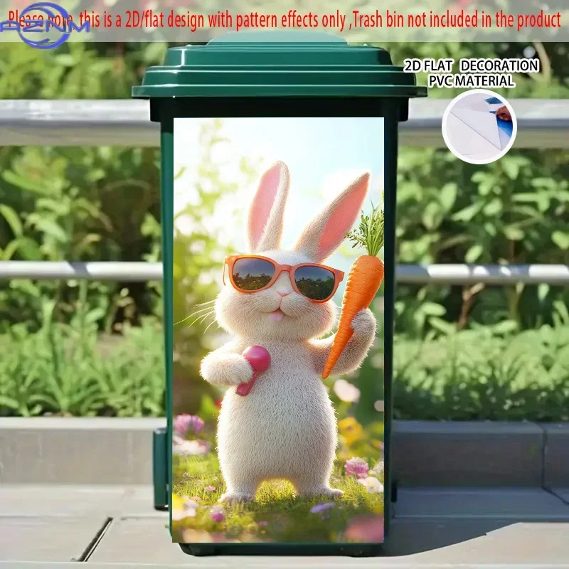 2D 1PC/FLAT, Self-Adhesive Dustbin Stickers,  X  Inches. Features a Cute Rabbit Wearing Orange Sunglasses, Holding a Car