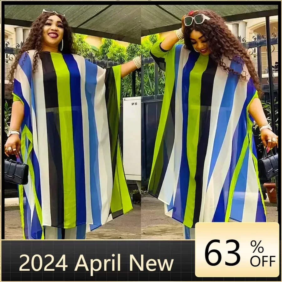 

2024 Plus Size Spring 2 Piece African Chiffon Clothes for Women Summer Party Dress Dashiki Top Pants Suit Street Casual Outfits