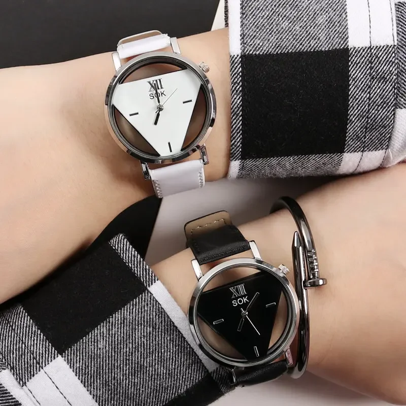 Creative Triangle Watch,Fashionable Double-sided Hollowed Out Quartz Watch,Leather Strap Wristwatches for Student Coupl