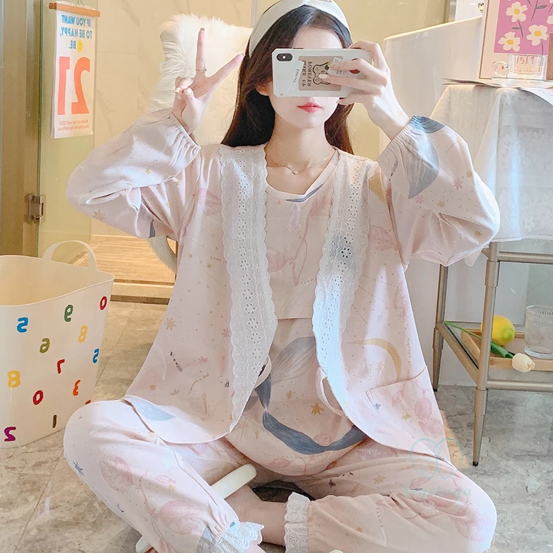 Autumn Thin Milk Silk Cotton Maternity Nursing Sleepwear Sets Sweet Lovely Pajamas Suits Clothes Pregnancy Home Lounge Wear