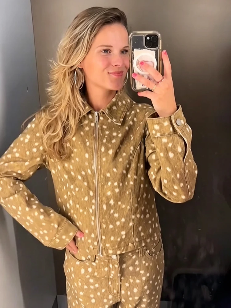 Retro Amerikanischer Hirsch-Punktdruck 2-Teiliges Outfit Reißverschluss-Jacke Knopflose Weite Hose 2026 Winter Neue Lässige Damen-Hosen-Sets – Detail 10