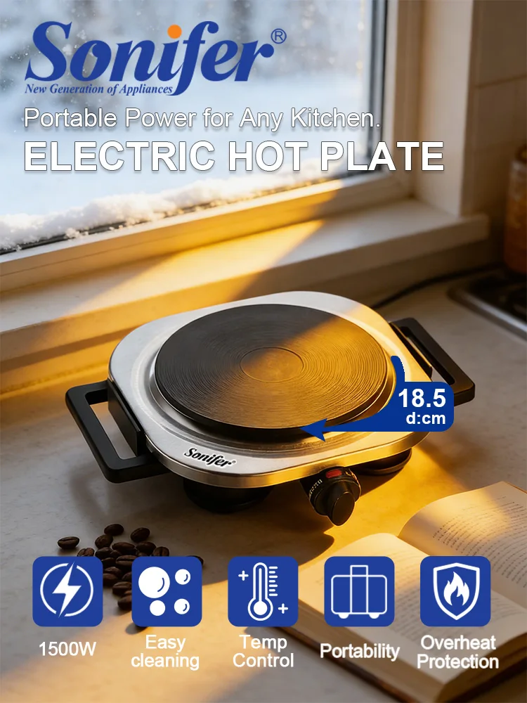 

Sonifer SF-3076 Electric Hot Plate 1500W Single Burner with Foldable Handle 185mm Stainless Steel Panel Countertop Cooktop 220V