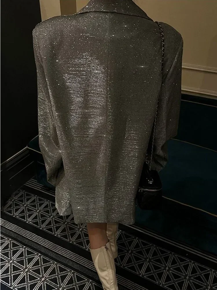 Pailletten Glitter Revers Pak Uitloper Voor Vrouwen Luxe Lange Mouw Mode Zak Elegante Sparkle Jas Dames Pak Uitloper