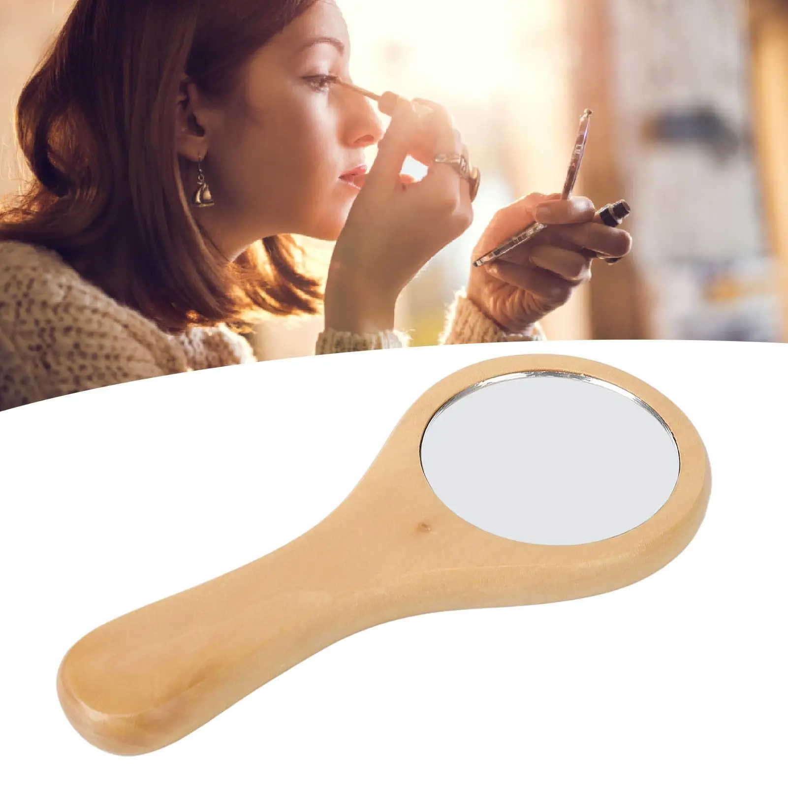 Portable Handheld Makeup Mirror with Clear Reflection Ergonomic Wood Handle for home Use