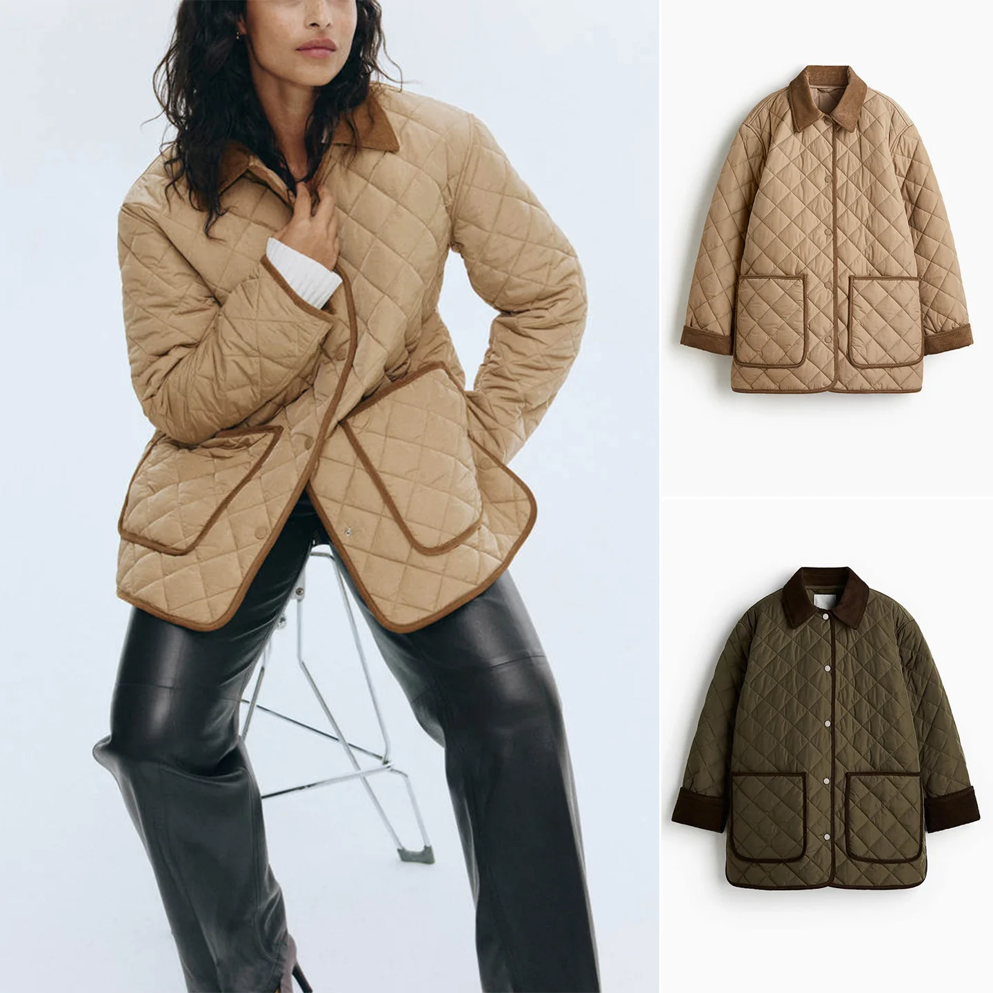 

Осень-зима женский свободный крой Long Sve стеганый хлопок Jaet ort Sle зубчатый воротник для поездок на работу Sle чистый цвет