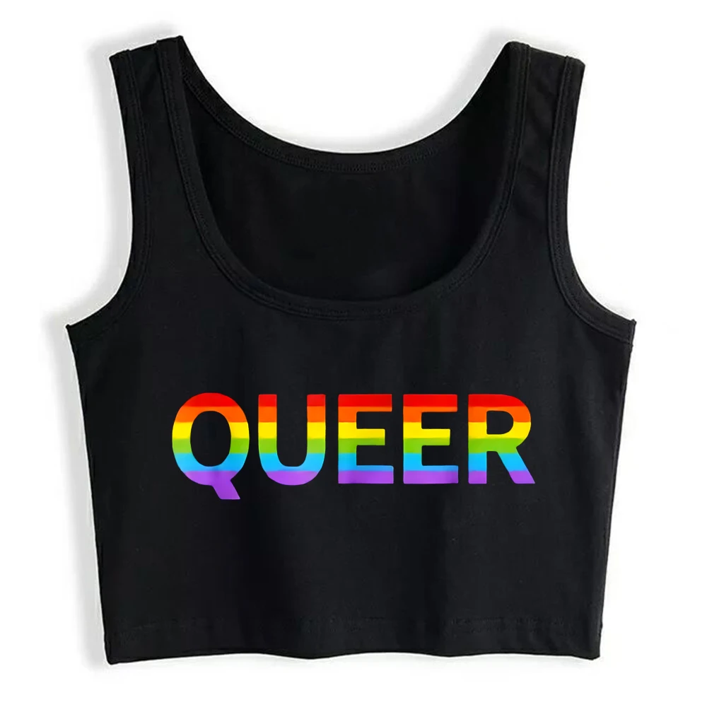 Rainbow Queer Letter Design Sexy Slim Fit Crop Top Queers Pride Month Gift Tank Tops Women's Cotton Sports Fitness Camisole