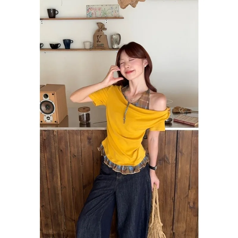 

Ruffle rim Women'S Short-Sleeved T-Shirt Summer Contrast Color Y2k Woman Clothes Plaid Mock Two-Piece Slant Collar Top