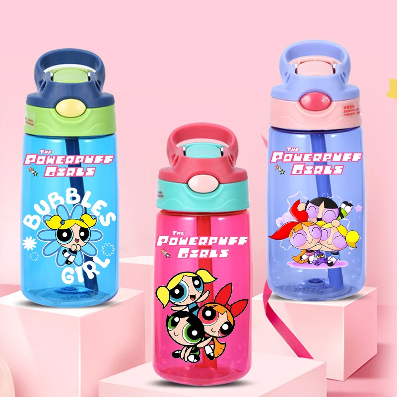 

The Powerpuffs Girls Water Bottle with Straw Blossom Bubbles Buttercup Anime Cup Kids Outdoor Sports Travel Mug Children Gift
