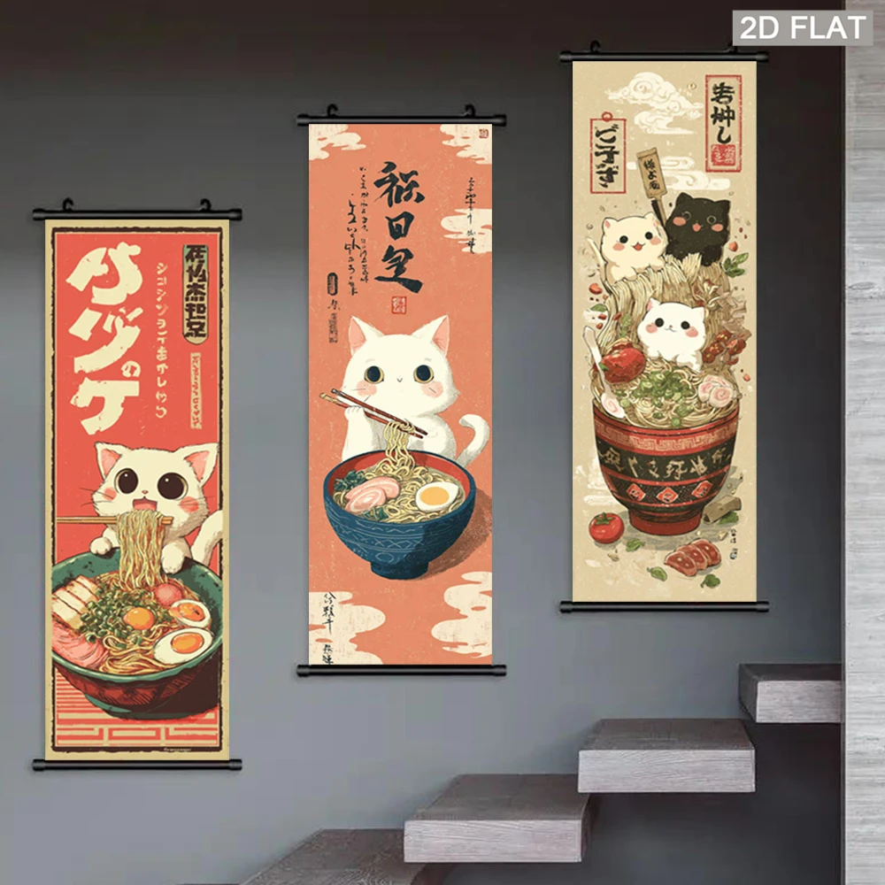 VIKAMA Cute Kitten Ramen Tri-Panel Scroll Tapestry, Japanese Anime Wall Art for Bedroom, Aesthetic Room Decoration for Girls