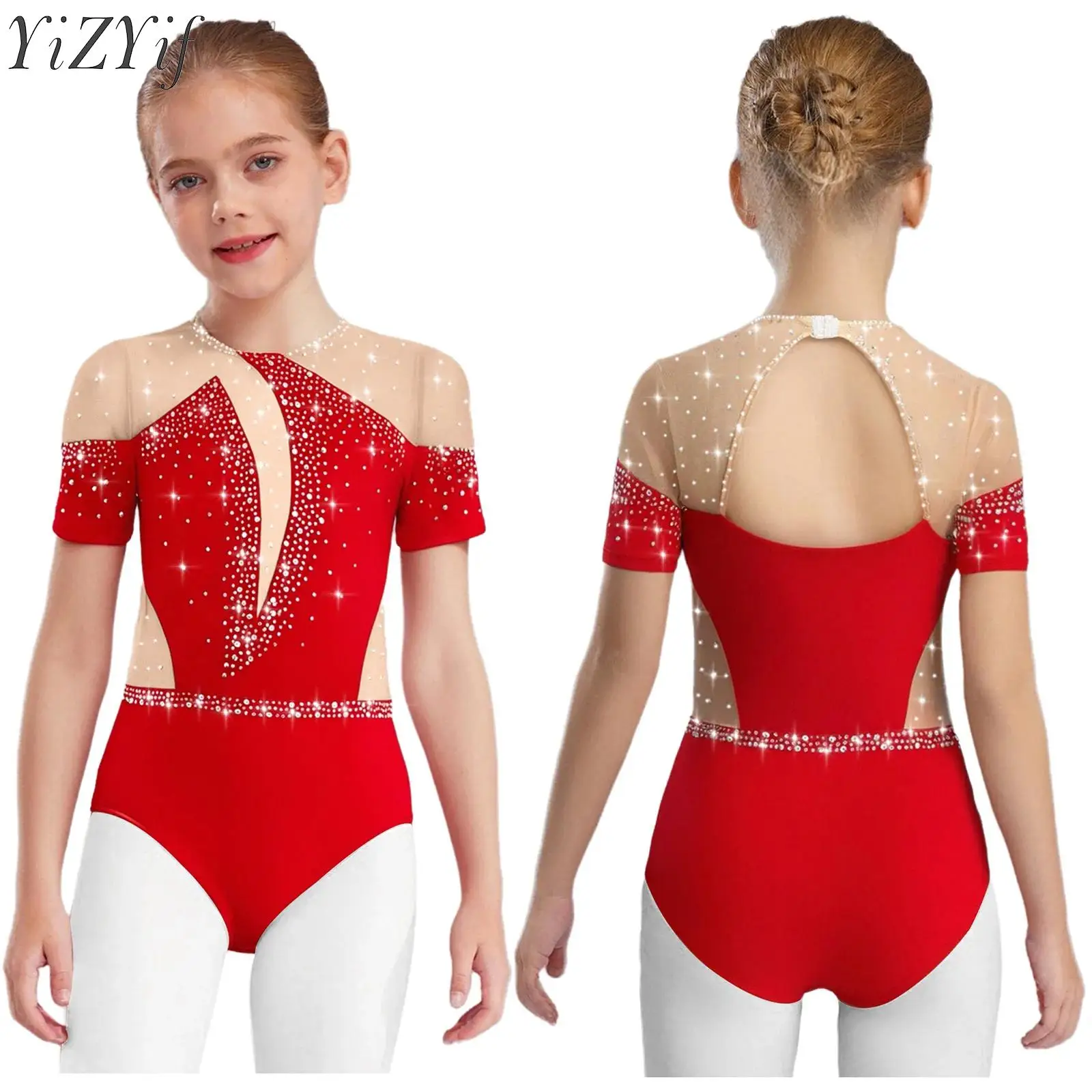 

Kids Girls Figure Skating Leotard Ballet Gymnastics Bodysuit Cutout Back Sheer Mesh Patchwork Rhinestones Performance Dancewear