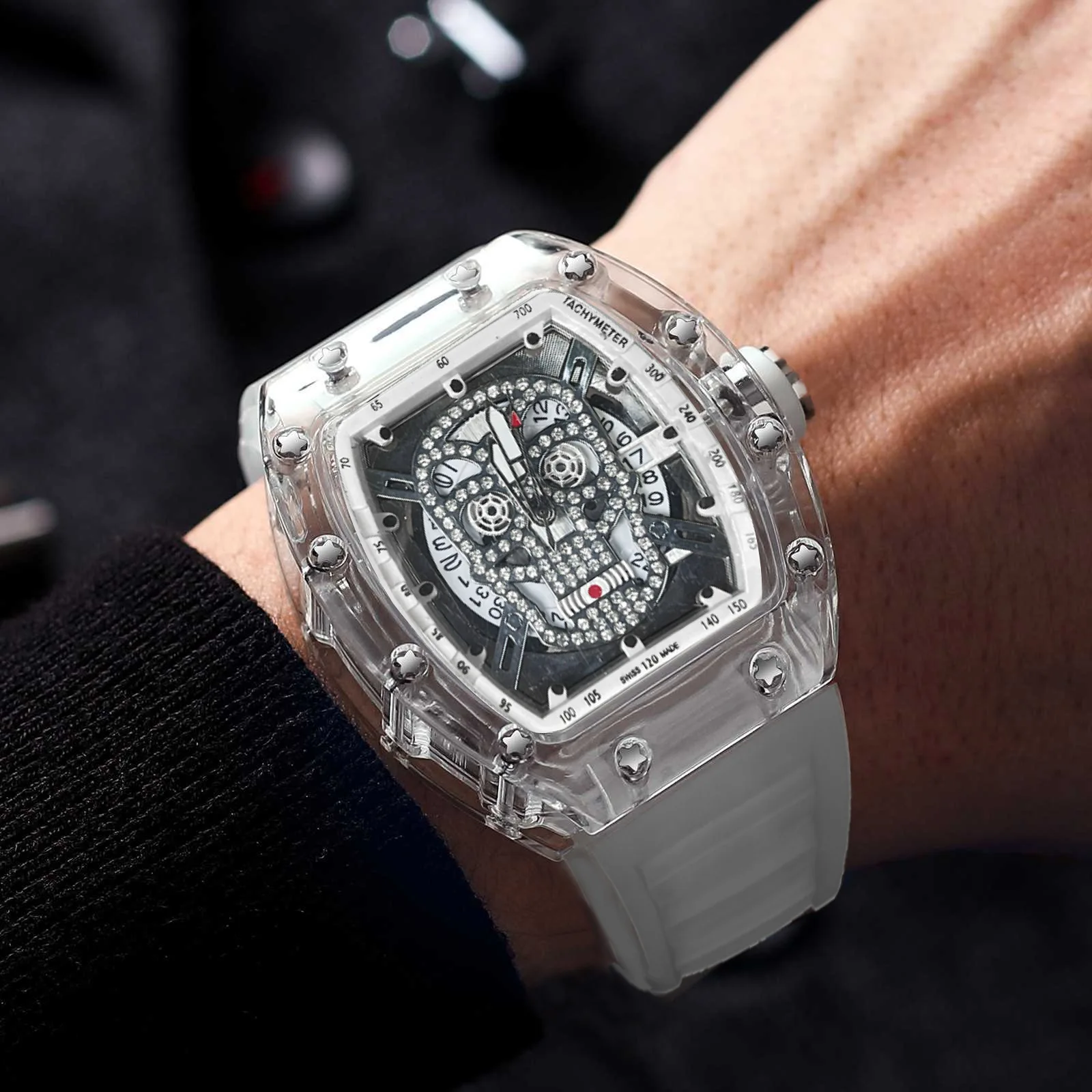 Tonneau Transparent Case Quartz Watches Men Full Diamond Skull Design Waterproof Sport Watches Luminous Calendar Men Wristwatch