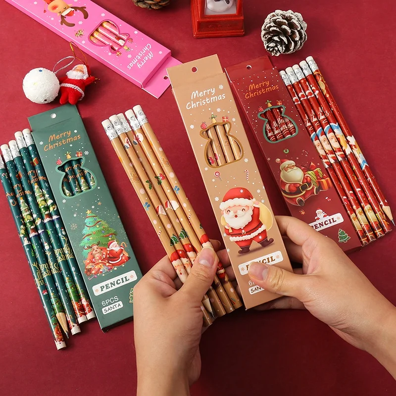 

6 PCS Pencils Merry Christmas Wooden Pencils with Eraser Santa Tree Elk Snowman Kids Party Favors School Office Stationery