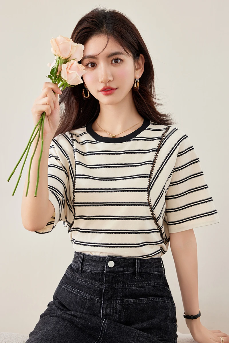 Summer Bat Sleeve Striped T-shirt Women's Clothing Vintage All-match Loose O-neck Short Sleeve Graphic T Shirts Causal Tops Tees