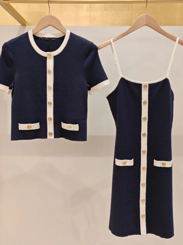 

Высококачественная версия синего и белого цвета Blo ort, вязаный комплект Svel Dr And Strap, модный летний наряд для женщин