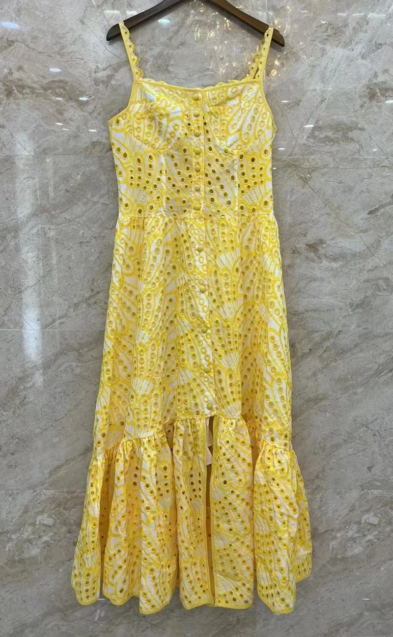 

New 2023 Summer Long Dress High Quality Ladies Spaghetti Strap Allover Exquisite Embroidery Casual Long White Yellow Blue Dress