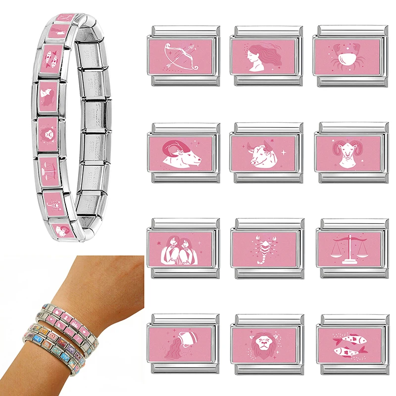 Y2K Rosa Bedruckte 12 Sternzeichen Serie Italienischer Charm-Anhänger Passend für 9mm Edelstahl-Armband =DIY Schmuckherstellung Geschenk Großhandel – Detail 5