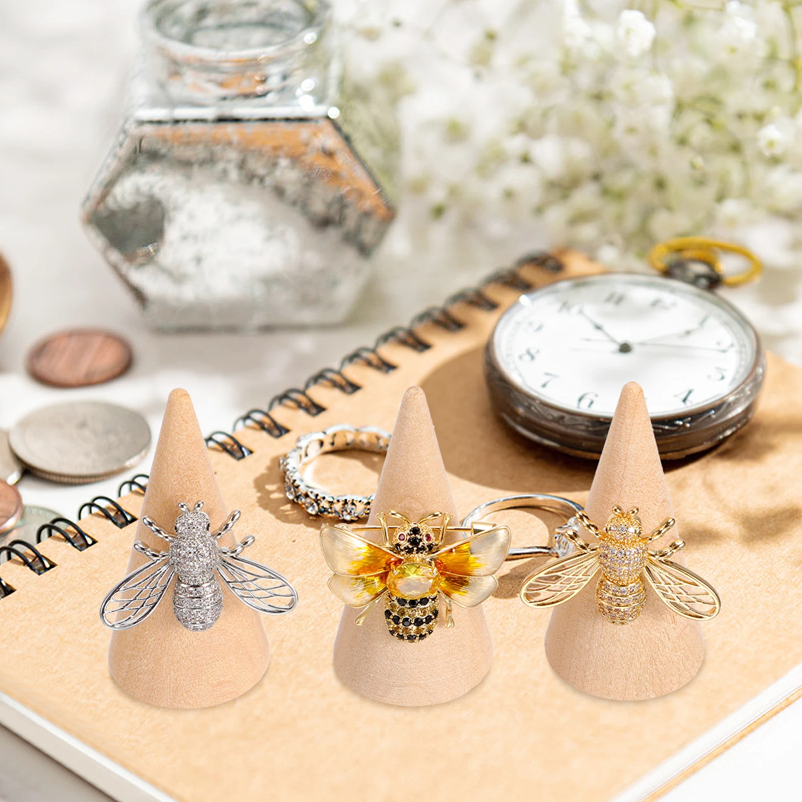 

20pcs Wood Cone Ring Holder Jewelry Display Stand Rings Organizer Showcase Rack Ring Storage For Home Countertop Glass Cabinet