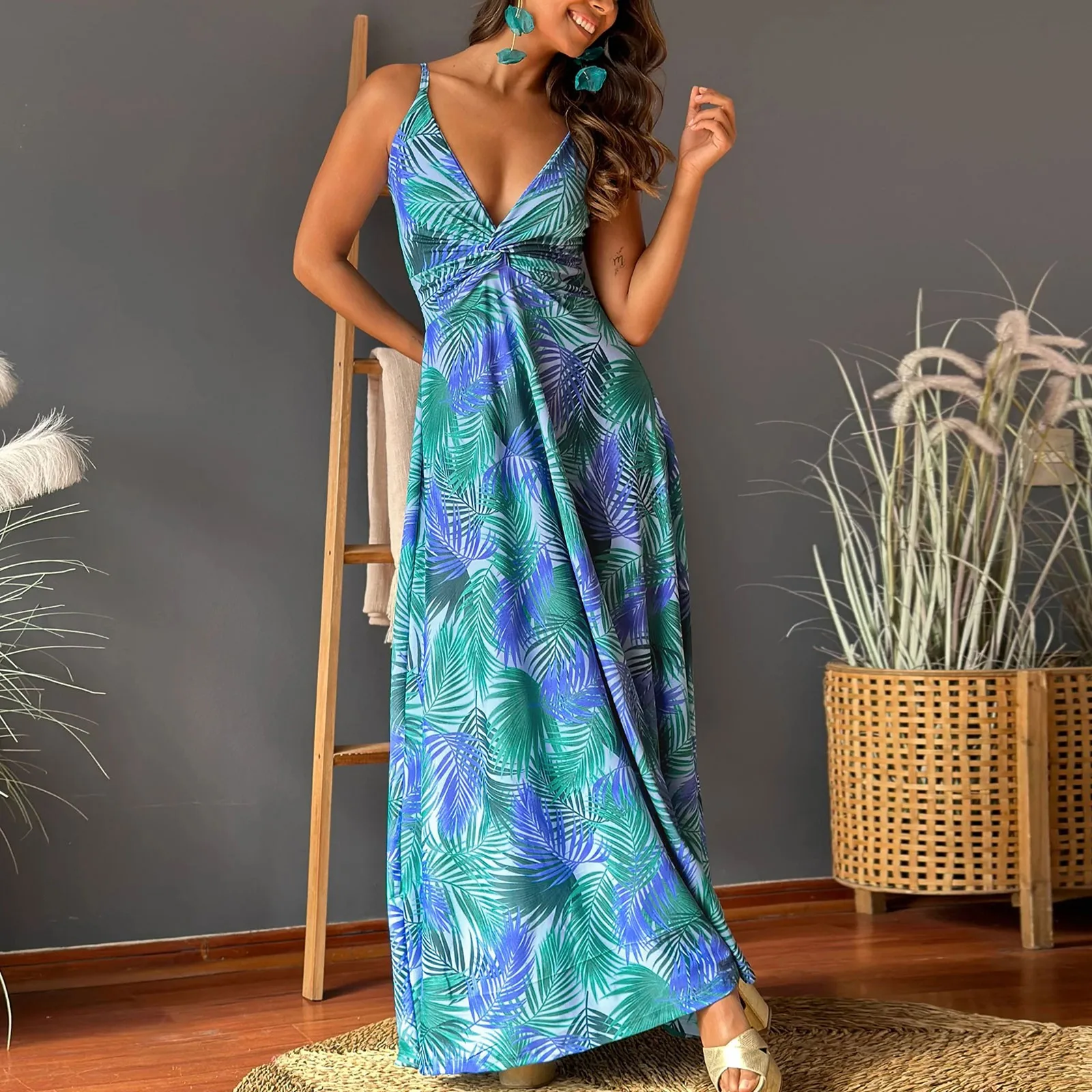 

New Boho Floral Camisole Long Dress For Women Summer Print Maxi Vestidos Elegant V Neck Beach Holiday Robes Female