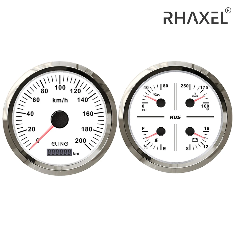 RHAXEL 2 Gauge Kit Universal Car Truck Boat 110mm GPS Speedometer 200km/h 4in1 Fuel Level Water Temp. Oil Pressure Voltmeter 12V