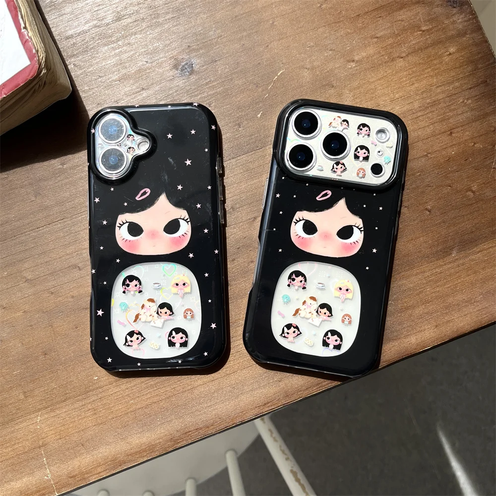 Kawaii Black Star Big Eye Doll Multi Character Sticker Style Phone Case Soft Cover for iPhone 18 17 16 15 Pro Max Fundas Korea