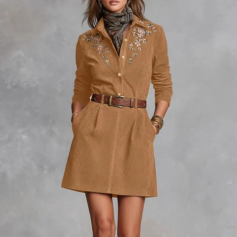 الرجعية الأزهار طباعة تقليد الجلد المدبوغ فستان قصير امرأة أنيقة التلبيب الرقبة زر قميص فستان الخريف طويلة الأكمام وشاحات جيب فستان