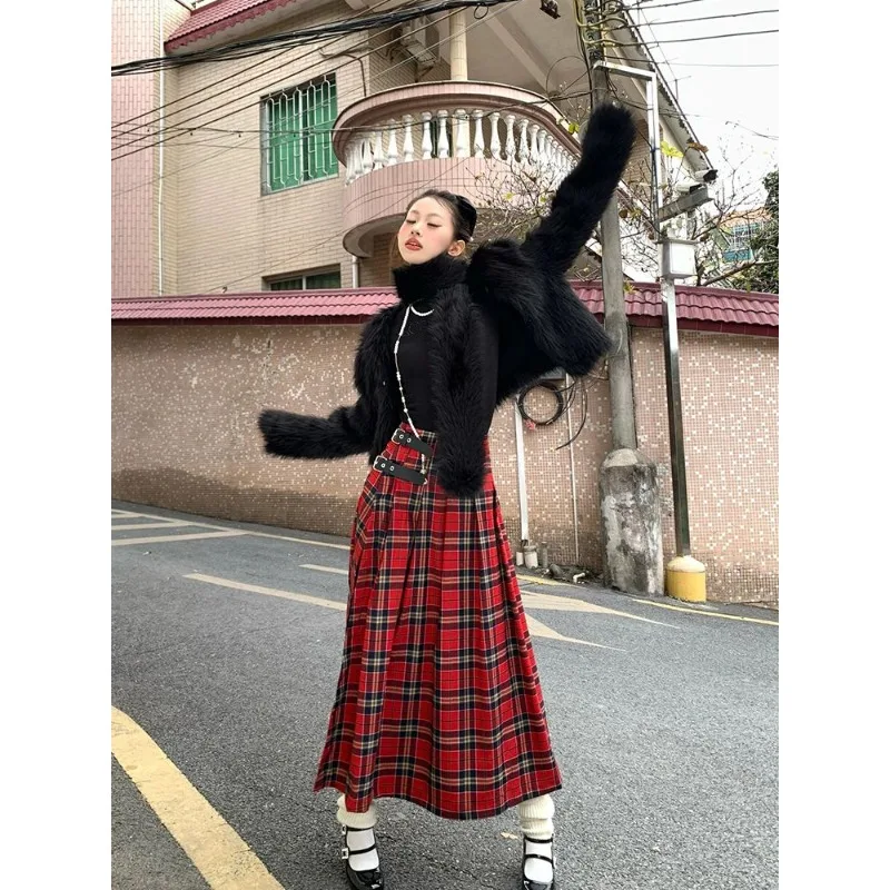 Vintage High Street Red Plaid A-Line Half-body Skirt for Women High Waist Straight Mid-Length Split Skirts Streetwear Y2k Skirt