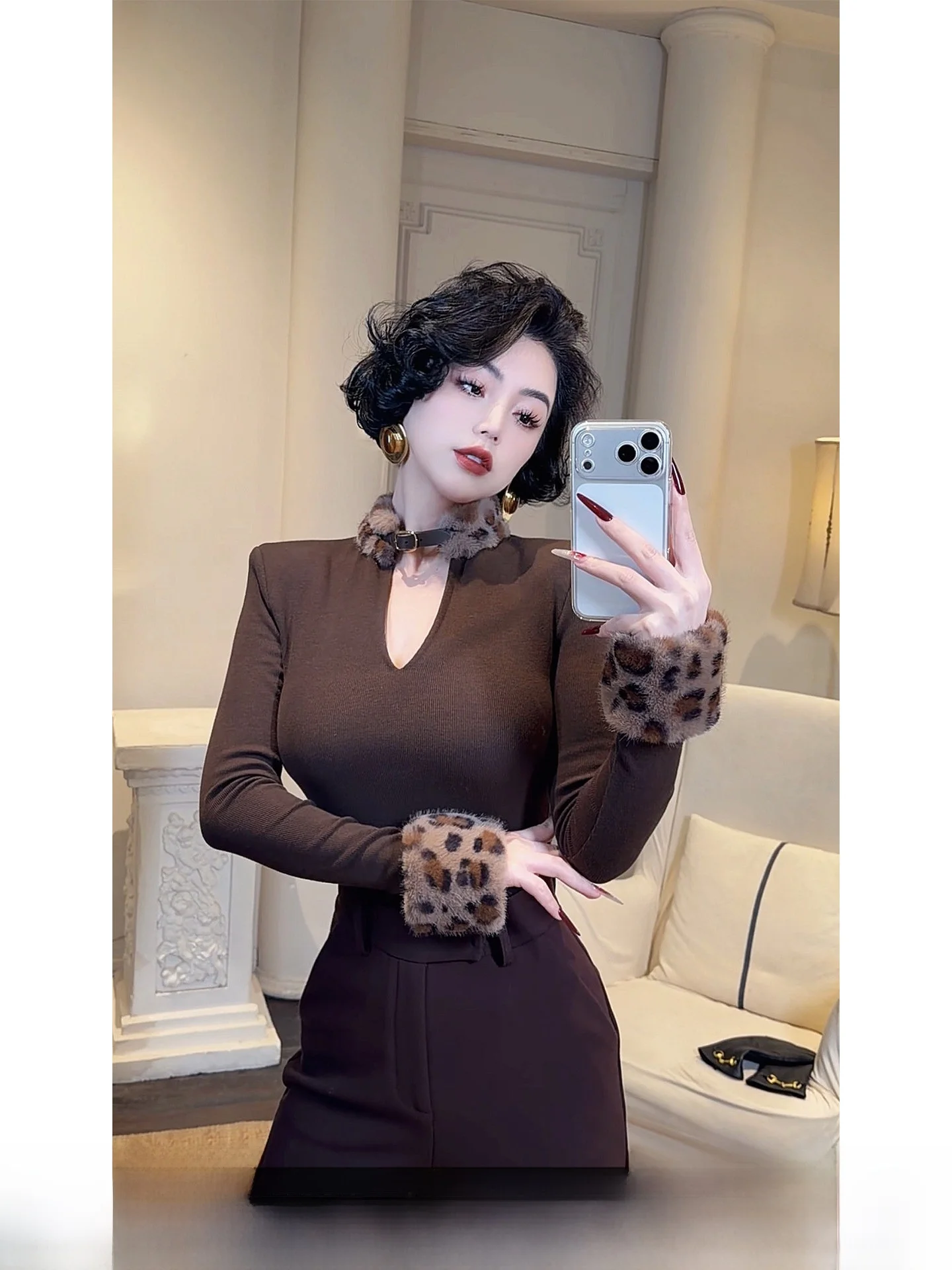 

LYXJ Женский облегающий топ-майка с леопардовым принтом и вставками из экологичной шерсти, премиум-класса