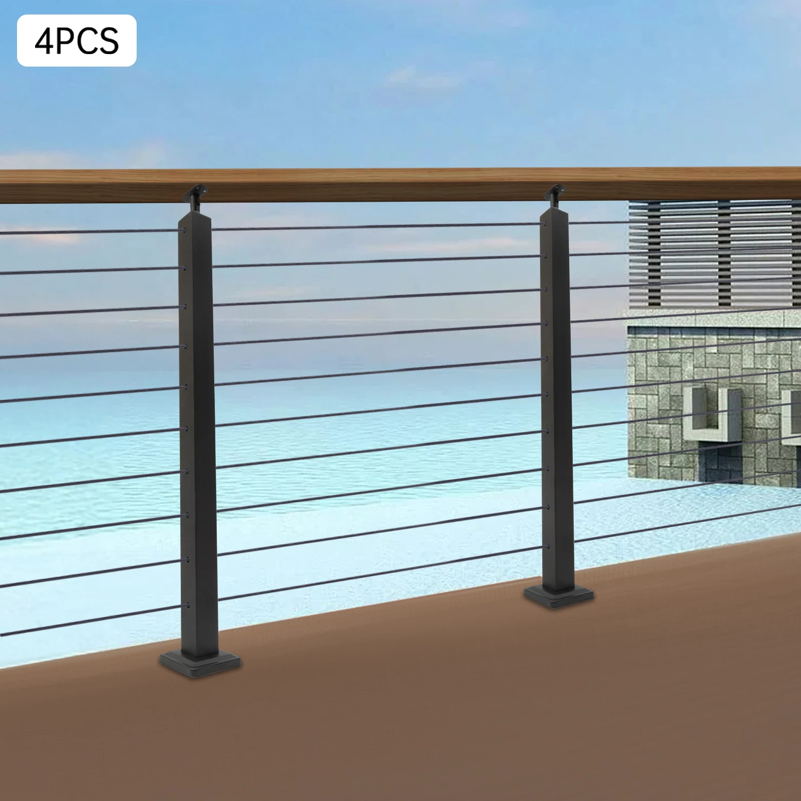 4-Piece Stainless Steel Deck Railing Posts, 36 Inch Adjustable Top Mount w/ 10 Holes, 220 lbs Max Load for Cable Railing Systems