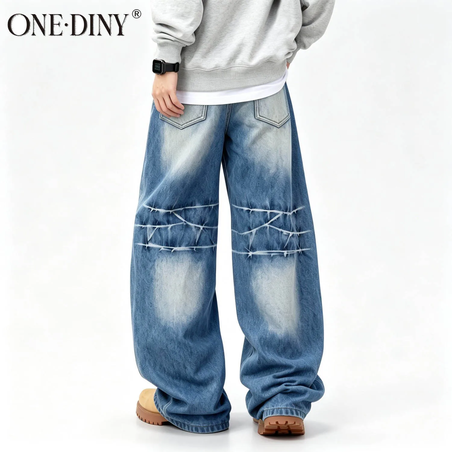 ONE·DINY Men's Blue Baggy Jeans Vintage Distressed Wash Wide Leg Denim Pants Streetwear Y2K Hip Hop Loose Trousers All Season