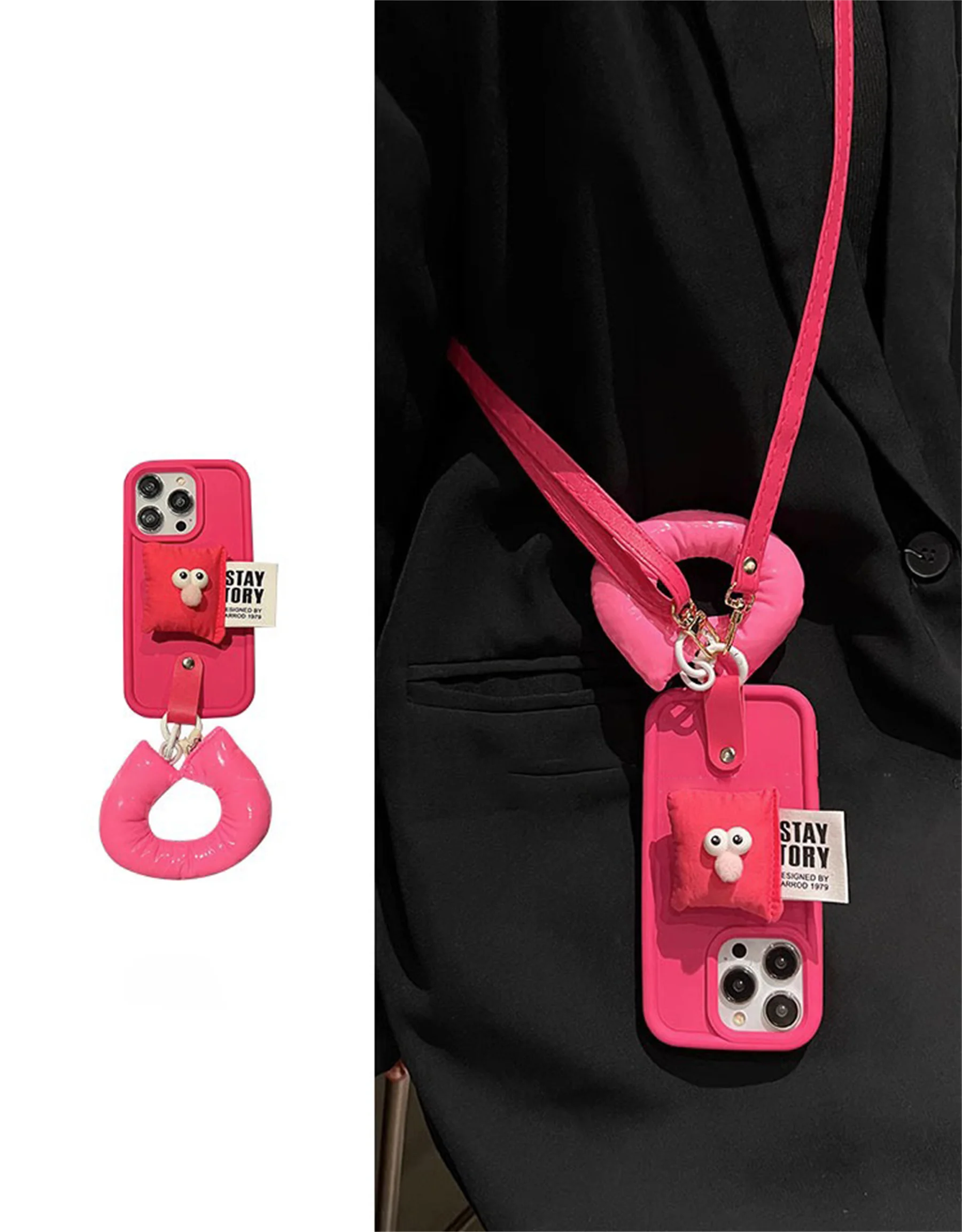 

Korean Luxury Crossbody Lanyard Leather Strap Cute pillow Bracket Case for iPhone 11 12 13 14 15 Pro Max Cover with Rope