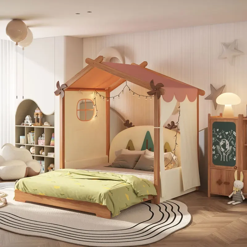 Solid Wood Children's Bed Wooden House Tent Bed Retractable Girl Bedroom Princess Bed Boy 1