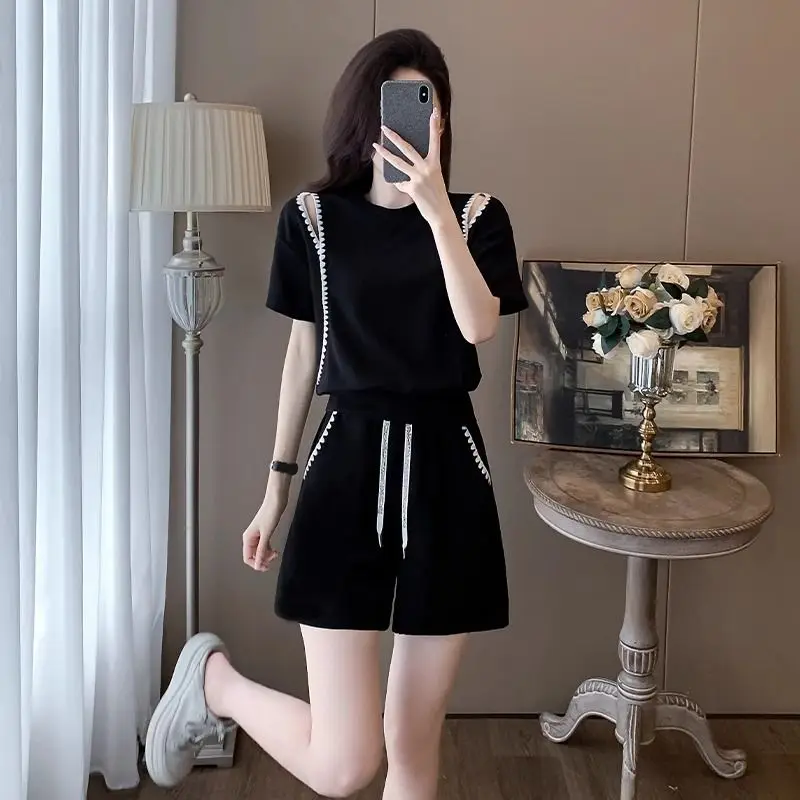 Women\'s Summer Fashion Simplicity Patchwork Solid Color Sports Suit Women Clothes Loose Short Sleeve Shorts Casual Two Piece Set