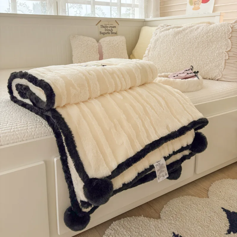 Luxury Faux Rabbit Fur Ball Blankets Solid Striped Jacquard Double-Layer Sofa Cover Blanket Thick Warm Single Fluffy Nap Shawl