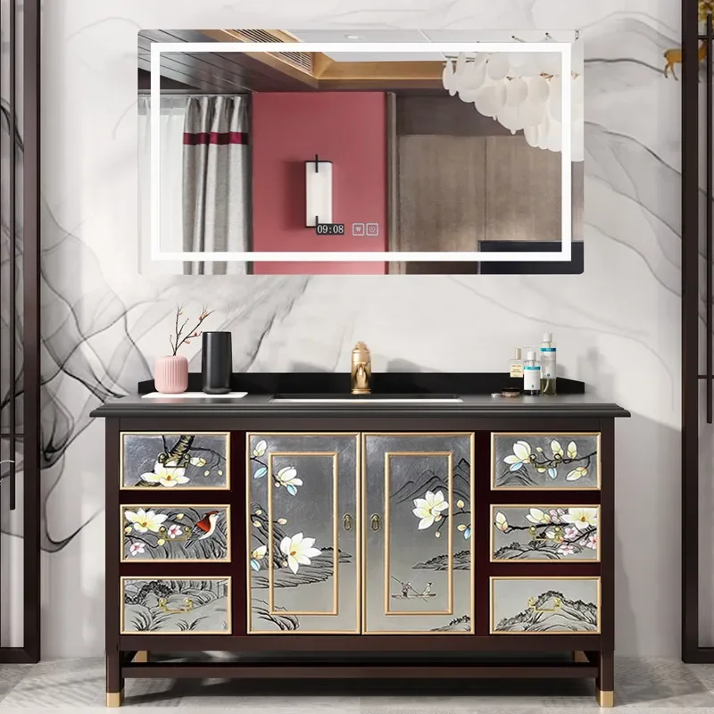 New Chinese Style Hand Painted Solid Wood Bathroom Cabinet Floor Standing Vanity Unit with Wash Basin Toilet Sink Storage