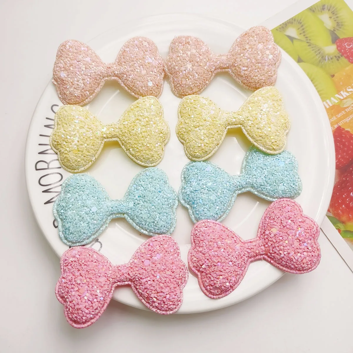 30Pcs Assorted Color Shiny Glitter Bowknot Padded Appliques For DIY Handmade Hair Clips Hats Clothing Patches Decorations