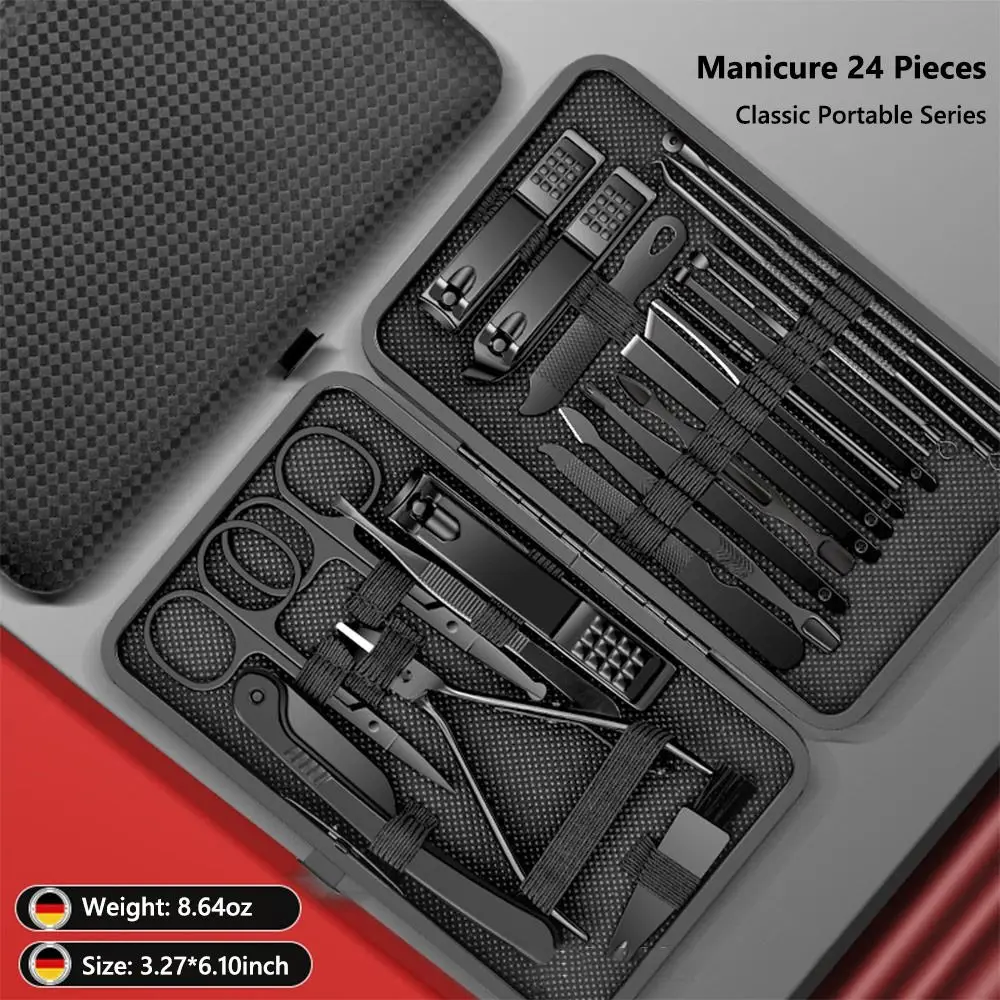 Conjunto de cortador de unhas preto portátil, 24 peças, aço inoxidável, ferramentas de beleza com caixa de viagem, kit de manicure e pedicure para cuidados com as unhas